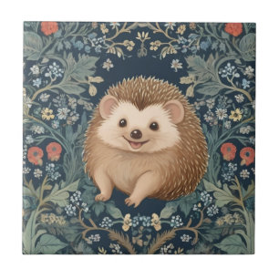 Happy Hedgehog William Morris style Floral Ceramic Tile