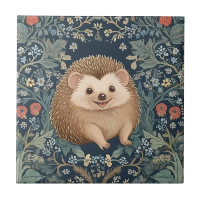 Happy Hedgehog William Morris style Right Floral Ceramic Tile (Front)