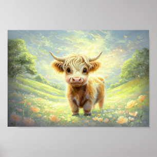 Happy Highland Cow Surrounded By Vibrant Blossoms Poster