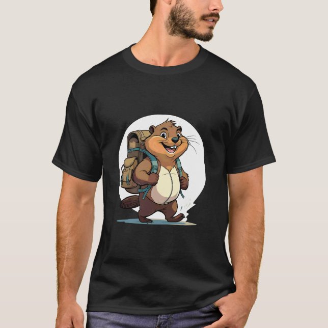 Happy Hiking Otter Beaver with Backpack T-Shirt (Front)