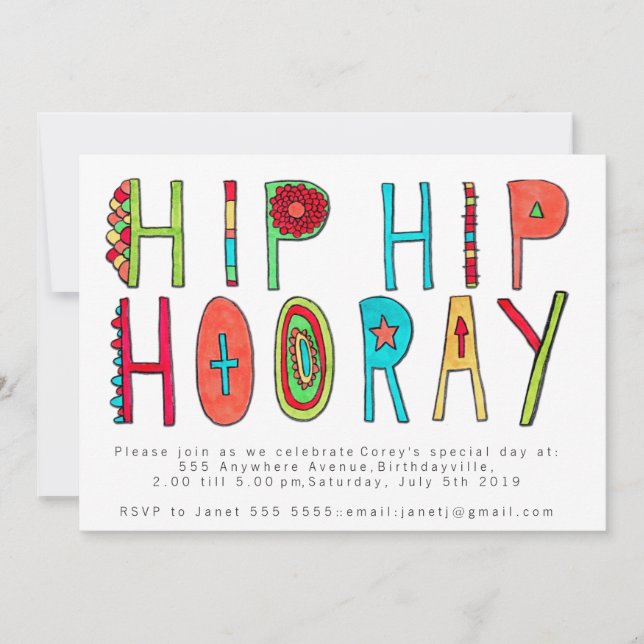 Happy Hip Hip Hooray Birthday Party Invite (Front)