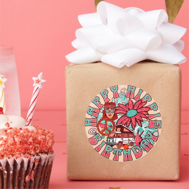 Happy Hippie Birthday Retro Colours Classic Round Sticker (Party)