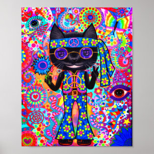 Happy Hippie Cat Peace Sign Purple Sunglasses '60s