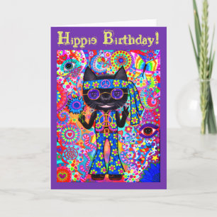 Happy Hippie Cat Peace Sign Purple Sunglasses '60s Card