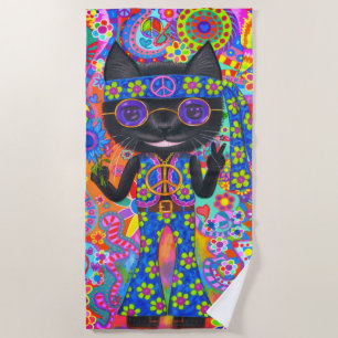 Happy Hippie Cat Sunglasses Peace Sign Flower Beach Towel