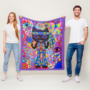 Happy Hippie Cat Sunglasses Peace Sign Flower Fleece Blanket