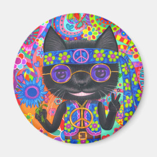 Happy Hippie Cat Sunglasses Peace Sign Flower Magnet