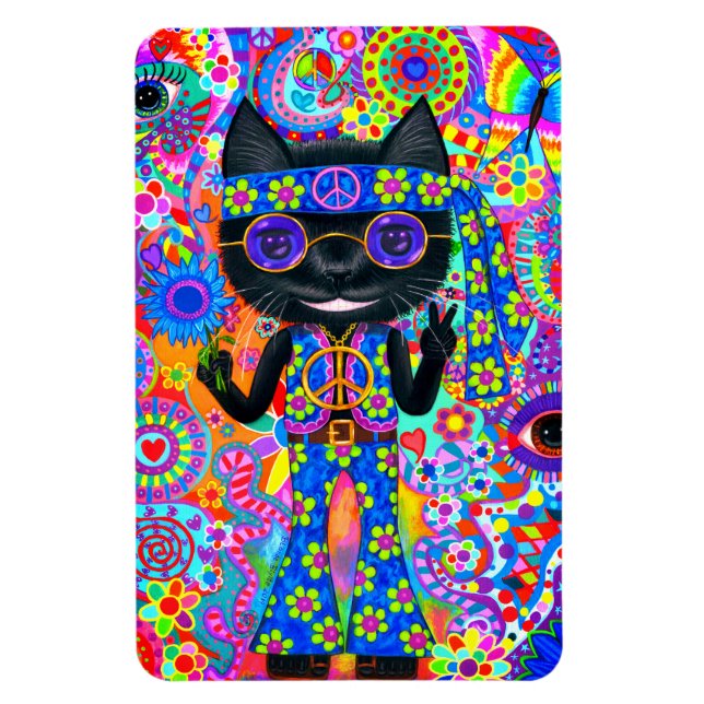 Happy Hippie Cat Sunglasses Peace Sign Flower Magnet (Vertical)