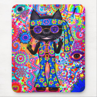 Happy Hippie Cat Sunglasses Peace Sign Flower Mouse Pad