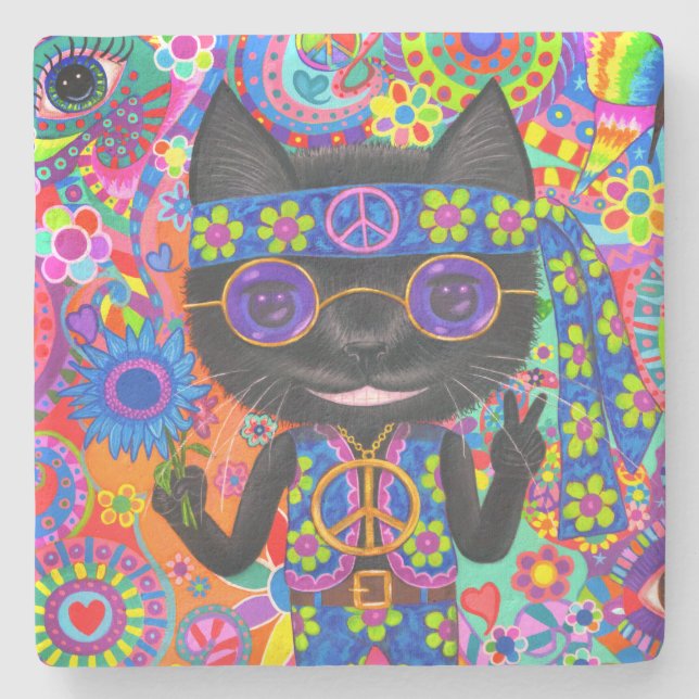 Happy Hippie Cat Sunglasses Peace Sign Flower Stone Coaster (Front)