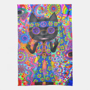 Happy Hippie Cat Sunglasses Peace Sign Flower Tea Towel