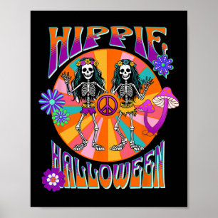 Happy Hippie Halloween Groovy Retro Dancing Skelet Poster