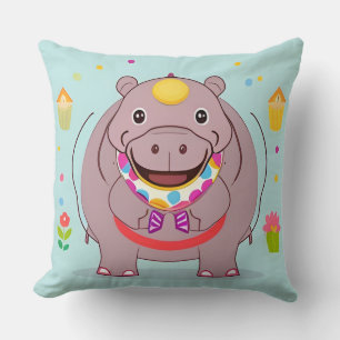 Happy Hippo Character with Festive Decorations Cushion