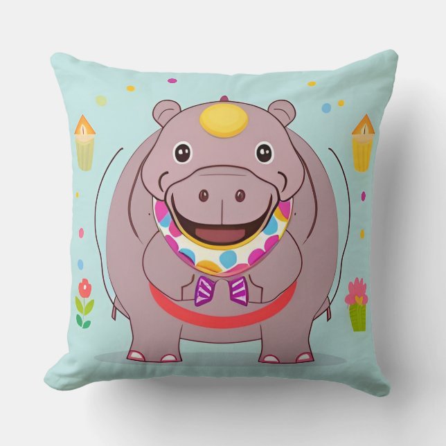 Happy Hippo Character with Festive Decorations Cushion (Front)