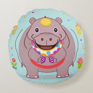 Happy Hippo Character with Festive Decorations Round Cushion