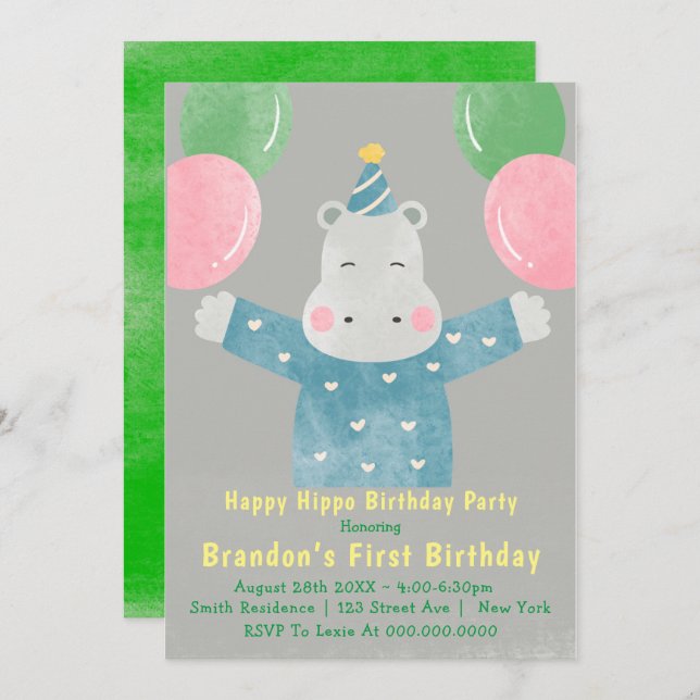 Happy Hippo First Birthday Invitations  (Front/Back)