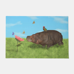 Happy Hippo, Flower, Butterflies Doormat