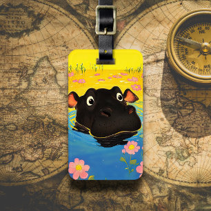 Happy Hippo in Blooming Pond Luggage Tag