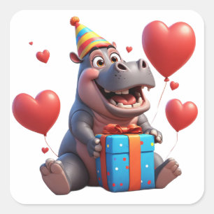 Happy Hippo With Balloons And Gift 🎂 Square Sticker