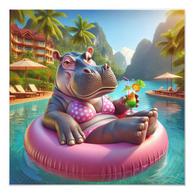 Happy Hippo With Cocktail Drink Photo Print (Front)