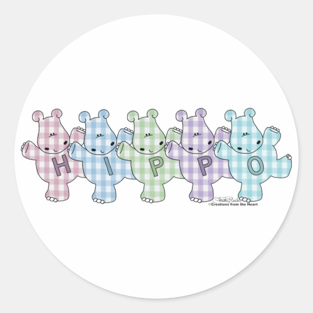 Happy Hippos pastel gingham Classic Round Sticker (Front)