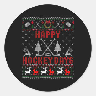 Happy Hockey Days Fun Ugly Christmas Classic Round Sticker