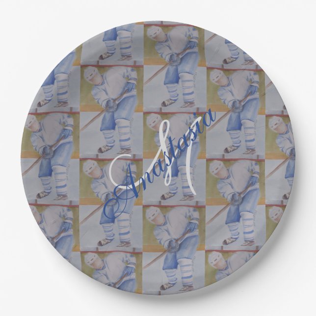 HAPPY HOCKEY PARTY MONOGRAM PAPER PLATE (Front)
