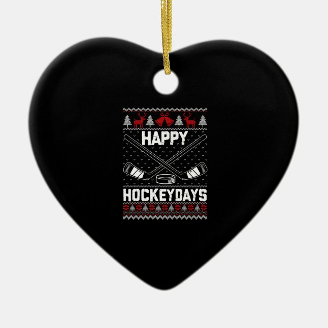 Happy Hockeydays Funny Christmas Ice Hockey Player Ceramic Ornament (Front)