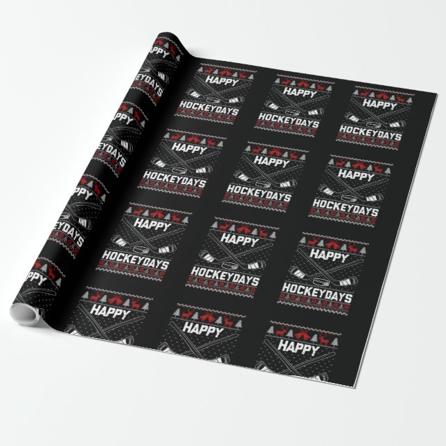 Happy Hockeydays Funny Christmas Ice Hockey Player Wrapping Paper (Unrolled)