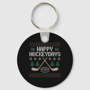 Happy Hockeydays Funny Ice Hockey Ugly Christmas Key Ring