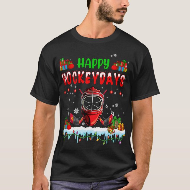 Happy Hockeydays Xmas Hockey Helmet Costume Player T-Shirt (Front)