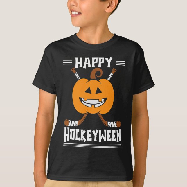 Happy Hockeyween Halloween Ice Hockey Player and H T-Shirt (Front)