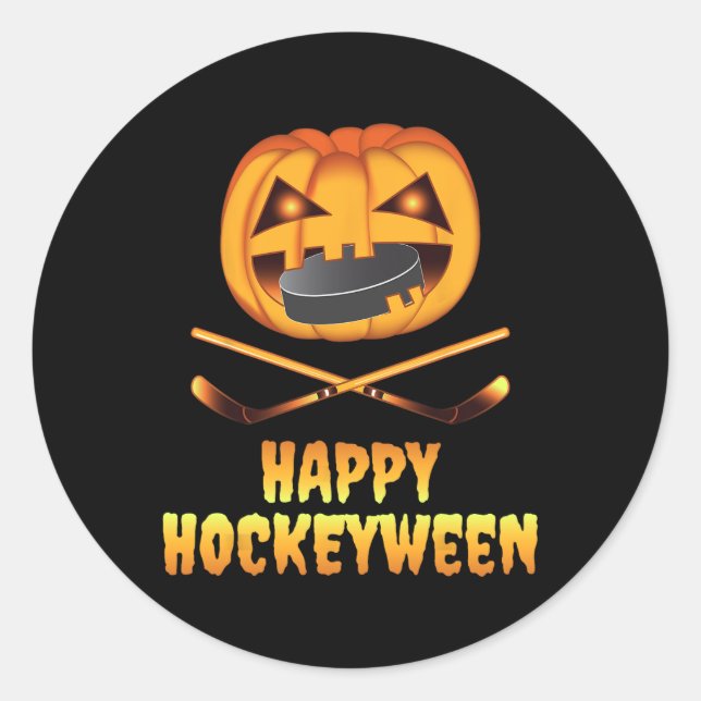 Happy Hockeyween Hockey Pumpkin Eating Puck Fun Ha Classic Round Sticker (Front)