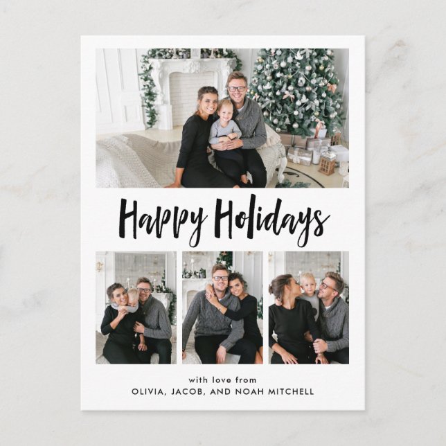 Happy Hoidays | Black and White Multi Photo Grid Holiday Postcard (Front)