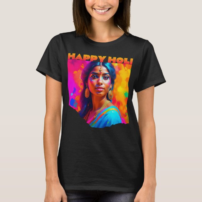 Happy Holi Beautiful Woman in Blue T-Shirt (Front)