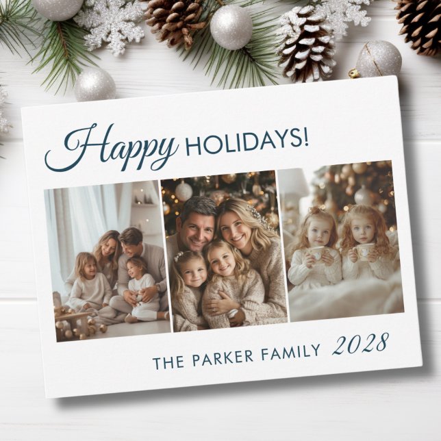 Happy Holiday! 3 Photo, White,Minimal Holiday Card (Happy Holidays! 3 Photo, White, Blue, Minimal, Modern Holiday Card)