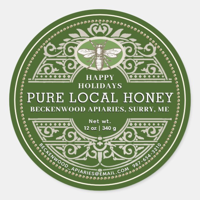 Happy Holiday APIARY Ornate Honey label Green (Front)