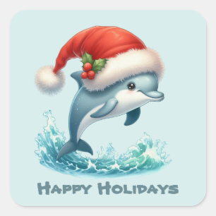 Happy Holiday Christmas dolphin add text Square Sticker