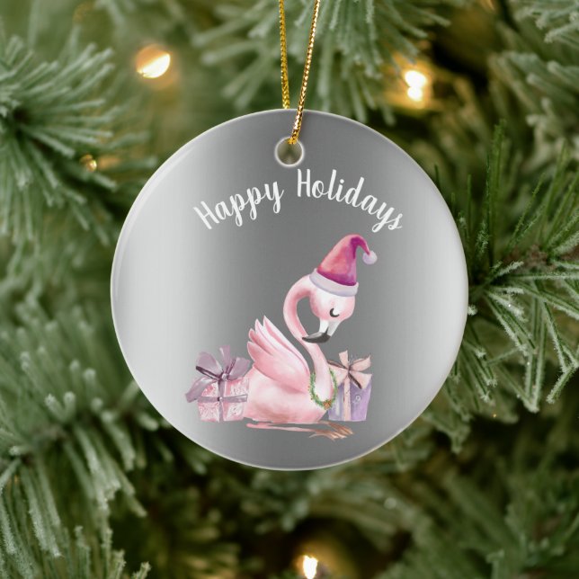 Happy Holiday Christmas Flamingo tropical Ceramic Ornament (Tree)