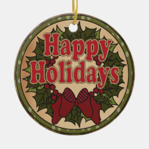 Happy Holiday Christmas Wreath Ceramic Ornament