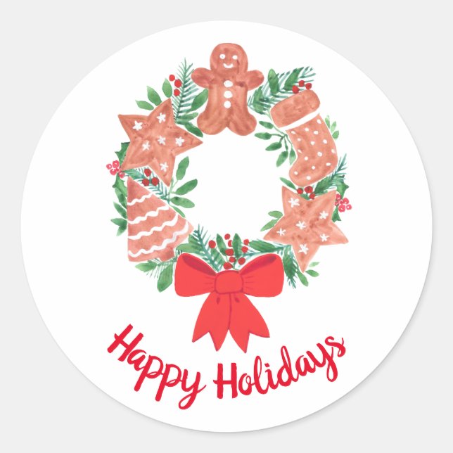 Happy Holiday Christmas Wreath  Classic Round Sticker (Front)