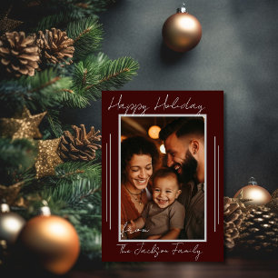 Happy Holiday Dark Red Script Family Photo Card