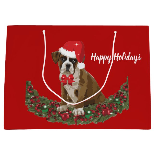 Happy Holiday Dog Xmas Santa Hat Cute Festive Large Gift Bag (Front)