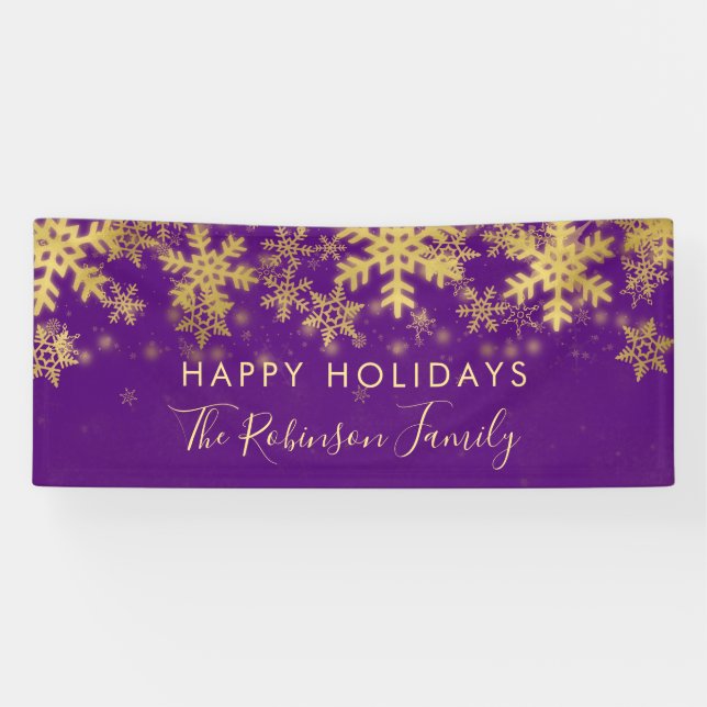 Happy Holiday Family Purple Gold Winter Snowflakes Banner (Horizontal)