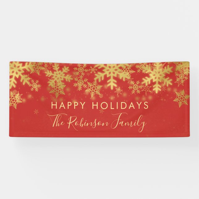 Happy Holiday Family Red & Gold Winter Snowflakes Banner (Horizontal)
