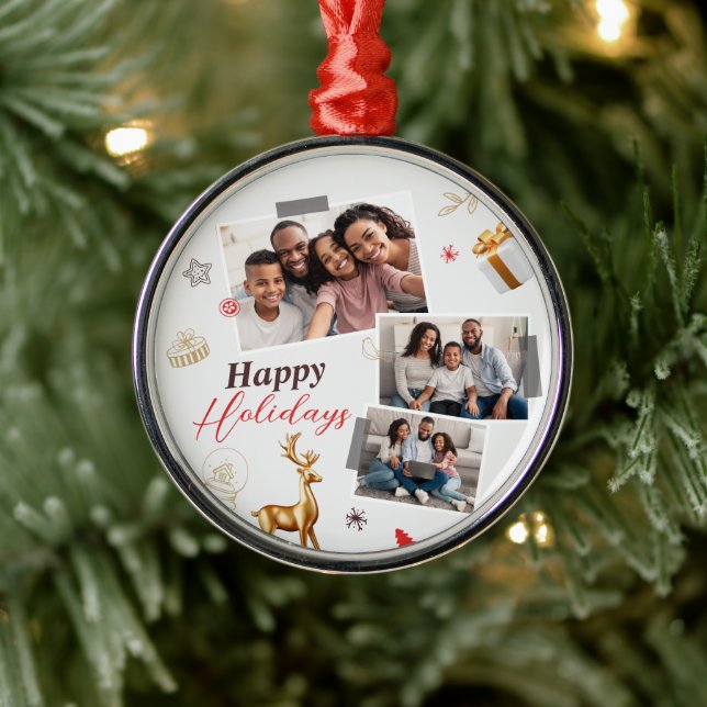Happy Holiday Family Three Photo Collage Metal Ornament (Tree)