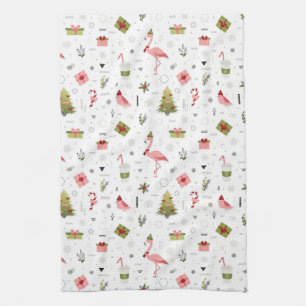 Happy Holiday Flamingo Pattern Tea Towel