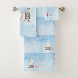 Happy Holiday Gnome Winter Snow Scene Bath Towel Set