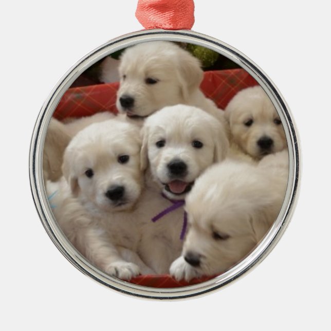 Happy Holiday Golden Retriever puppies Metal Ornament (Front)