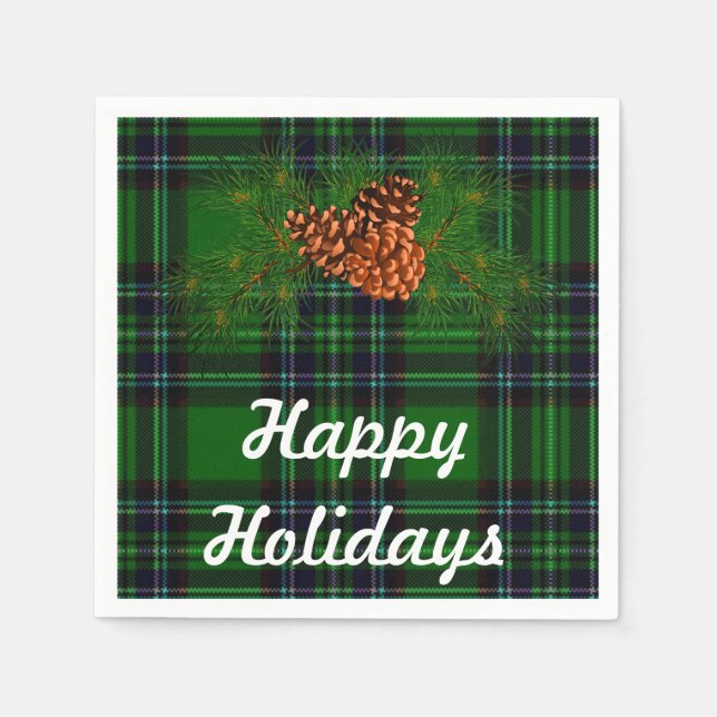 Happy Holiday - green tartan with pine-cone detail Napkin (Front)